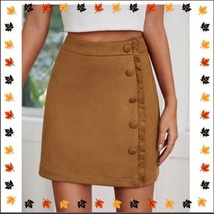 Button Detail Frill Trim Suede Skirt